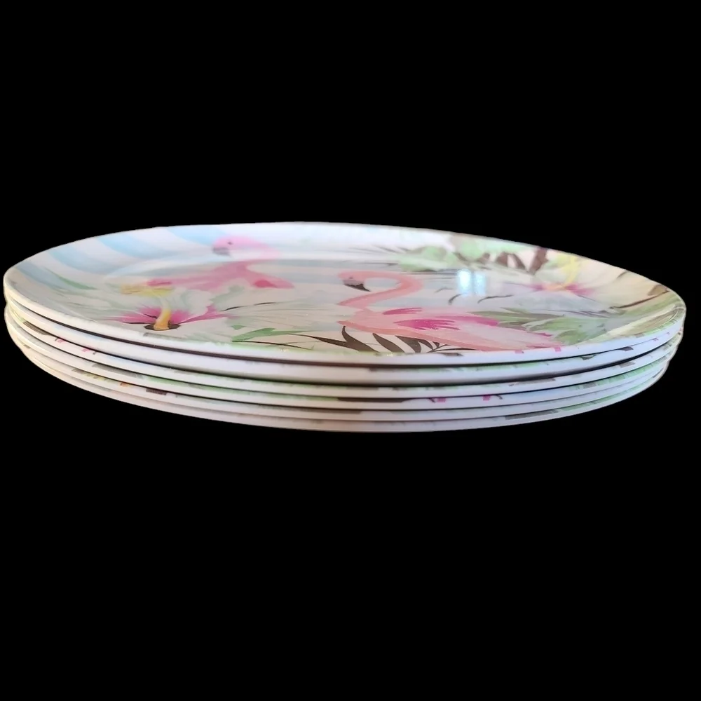 6pc Tropical Pink Flamingo Palm Hibiscus Flower Melamine Dinner Plate Set New